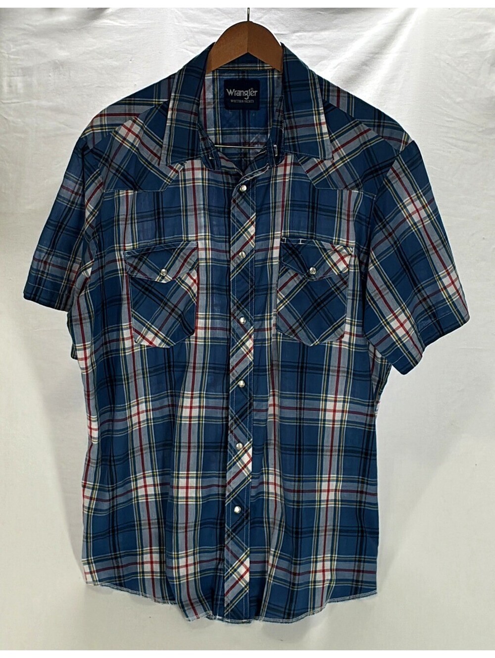 Wrangler 90s Blue Blue Plaid Red Button Cotton Blend